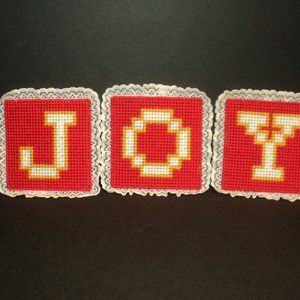 NEW Holiday Christmas Needlepoint & Lace Squares JOY Red, Gold, White Squares